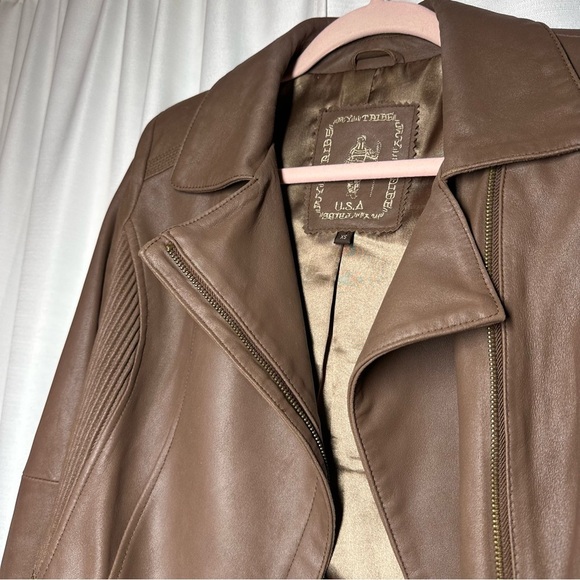 My Tribe Leather Moto Jacket Brown Full Zip Asymmetric Hem Biker Rocker XS Y2K - Picture 9 of 16